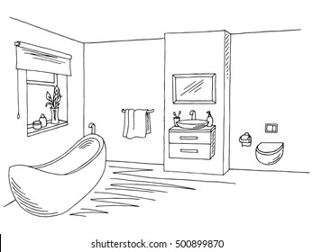 Bathroom interior black white graphic art sketch illustration vector