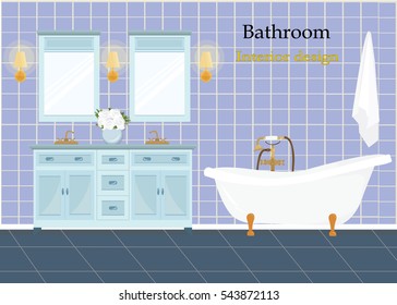 El interior del cuarto de baño en azul. Ilustración vectorial plana.