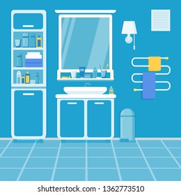 Bathroom interior in blue tones. Clean bathroom with bath amenities.