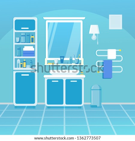 Bathroom interior in blue tones. Clean bathroom with bath amenities.