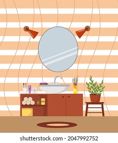 Bathroom interior with cabinet, mirror and stool with plant. Washing accessories. Vector illustration. For use in brochures, covers, flyers, advertising prints, hotels and homes.