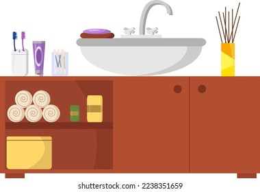 Bathroom interior - cabinet, sink, towels and hygiene items. Vector illustration. For decor, design, advertising booklets, booklets and books.