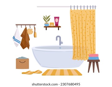 Bathroom interior. Cartoon modern bath tub, rug and bathroom curtains. Cozy washroom interior flat vector illustration