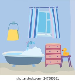 Bathroom interior in a cartoon style. Preparations for bathing. Editable vector illustration