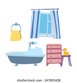 Bathroom interior in a cartoon style. Preparations for bathing. Editable vector illustration
