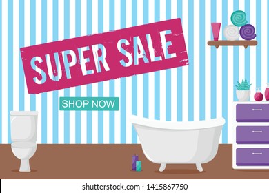 Bathroom interior in cartoon style. Template card with bathroom elements fot information. Modern interior. Super Sale. Vector Illustration