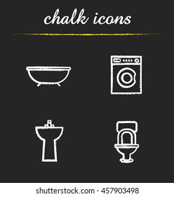 Bathroom interior chalk icons set. Washing machine, bath, toilet, washstand illustrations. Isolated vector chalkboard drawings