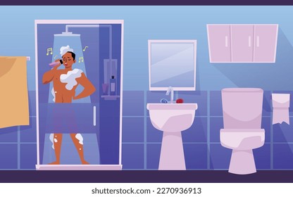 Bathroom interior with cheerful man taking a shower, flat vector illustration. Horizontal background with man having everyday hygiene routine procedure