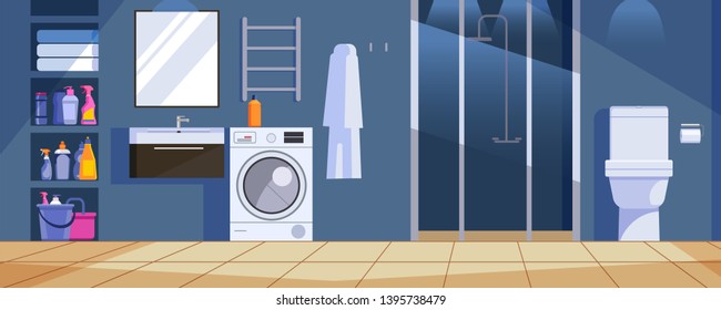 Bathroom, Interior Clean Modern Room Furniture. Cartoon. Flat design. Vector illustration.