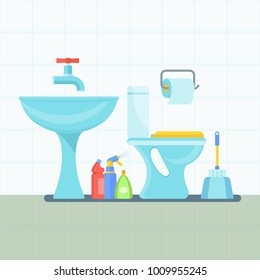 Bathroom interior. Cleanliness and hygiene in the house. Accessories for showering. Flat vector cartoon illustration. Objects isolated on white background.