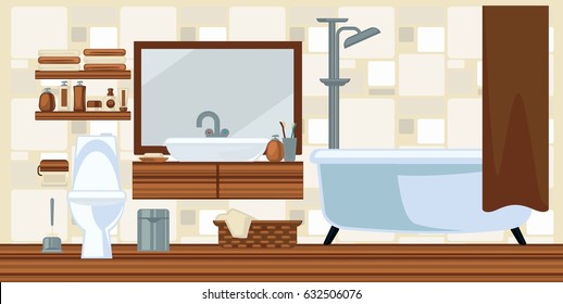 Ilustración vectorial colorida en el interior del cuarto de baño en diseño plano