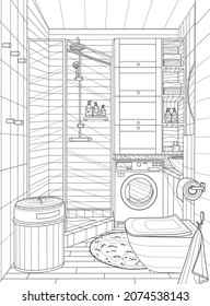 Bathroom interior. Coloring book for adults. The interior of the room. Black and white illustration.