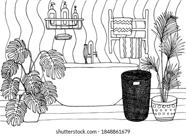 Bathroom interior coloring page. Fantastic coloring book for children and adults. Cute and cozy bathroom with lot of plants. Hand drawn anti stress vector illustration.