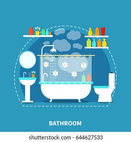 Bathroom interior concept with bath toilet and mirror on blue background flat vector illustration 