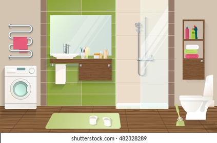 Bathroom interior concept with laundry machine sanitary equipment green beige walls and tiled brown floor vector illustration