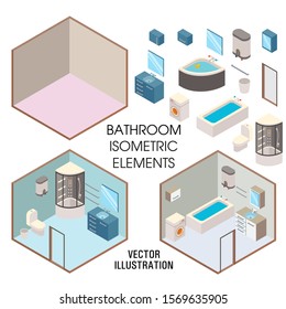 Bathroom interior constructor, vector flat isolated illustration. Isometric cutaway bathrooms and furniture bathtub, shower stall, mirror, toilet, washbasin, towel rack and bathroom cabinet.