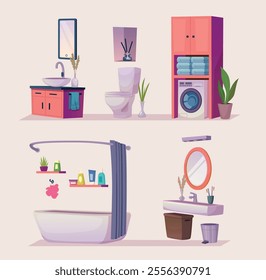 Bathroom interior. Cozy modern background of home toilets room and bathroom with bathtub and sink exact vector illustrations in cartoon style