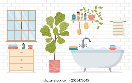 Bathroom interior. Cozy interior with a window and plants. Bathroom with furniture and bathroom accessories. Foam bath with soap and towel. Flat vector illustration.