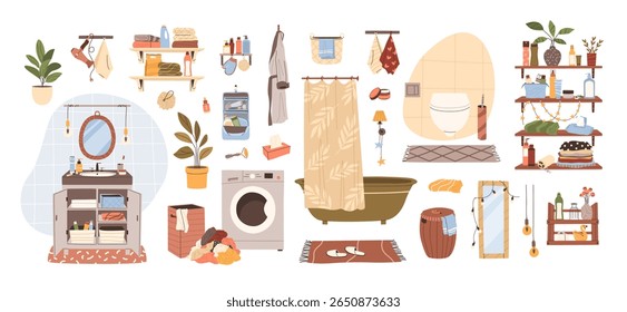 Bathroom interior decor items set. Isolated flat illustrations. Vanity with sink, bathtub and toilet area, toiletries, shelves. Elements in Scandinavian style for home design and hygiene concepts.