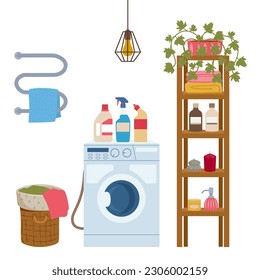 Bathroom interior. Decorated washroom, modern bathroom interior with washing machine flat vector background illustration