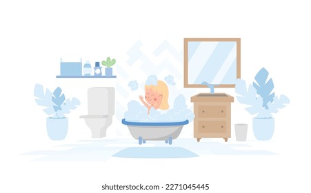 Bathroom interior design with baby girl washing in bath, flat cartoon vector illustration isolated on white background. Child girl bathing scene backdrop.