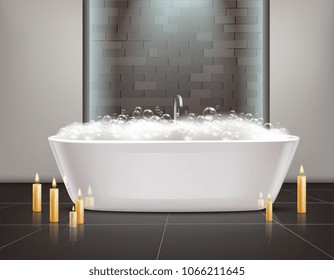Bathroom interior design with bath foam and candles realistic vector illustration