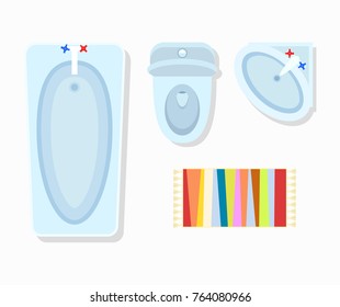 Bathroom interior design with bathtub, toilet and sing with carpet under it. Vector illustration of restroom isolated on white background