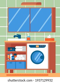 Das Badezimmer ist ein Design-Konzept, Sink-Tisch mit Spiegel, Waschmaschine und Handtücher. Cartoon, Vektorgrafik.
