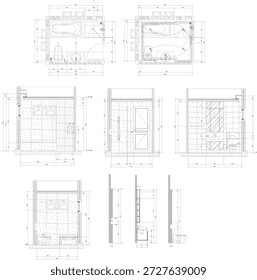Bathroom Interior Design Drawing with Bathtub and Shower Area, Wet and Dry Zone Construction Set