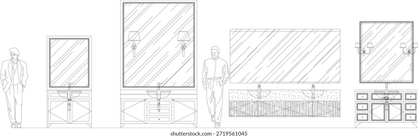 Badezimmer Innenausstattung Zeichnung von Glas Eitelkeit Schränke mit Schubladen und Speicher, vier Design-Optionen mit menschlichen Maßstab Illustration