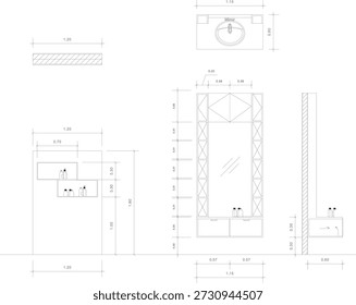 Bathroom Interior Design Drawing with Washbasin Area, Mirror Cabinet, and Storage Shelves