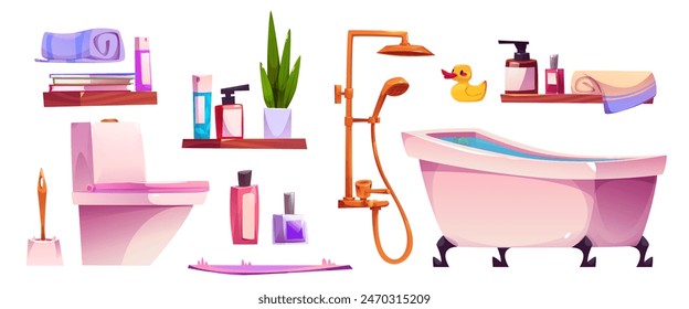 Elementos de diseño interiores de baño establecidos aislados sobre fondo blanco. Ilustración de dibujos animados de Vector de baño con agua, ducha, inodoro, botellas cosméticas de cuidado corporal, toallas, planta verde en estante de madera