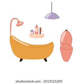 Bathroom interior design in a flat style. Interior design of bathroom with bath, toilet, lamp, shampoo.