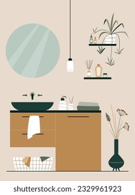 Bathroom interior design flat vector illustration.  Bathroom cabinet with sink, mirror, bathroom furniture, accessories and plants. Japandi or Scandinavian interior style