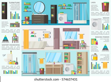 Bathroom interior design infographic concept with equipment accessories and different variants of architecture vector illustration