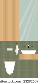 Bathroom interior design in minimalistic flat vector illustration. Bathroom cabinet, and hanging toilet, sink, mirror, furniture and accessories. Japandi or Scandinavian interior style