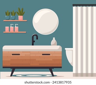 Bathroom interior design with modern furniture, bathtub and bath items. Vector 