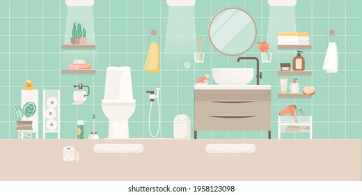 Bathroom interior design. Modern sink table, mirror and bath towels flat vector illustration. Empty bath room. Equipment and items for interior decoration