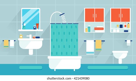 Bathroom interior design. Set of bathroom element. Furniture. Slide prepared for vector animation with many different layers
