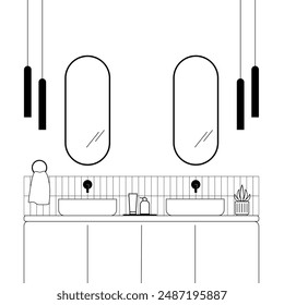 Badezimmer-Innenarchitektur. Badezimmer mit Waschbecken, Spiegel und Handtuch auf dem Tisch. Vektorillustration.