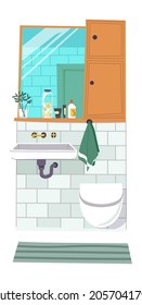 Bathroom Interior Design, Sink And Toilet, Hand Towel On Handle And Mirror. Shelves With Cosmetics And Hygiene Supplies. Rug On Floor And Tiles On Wall. Washroom At Home. Vector In Flat Style