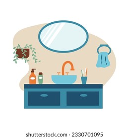 El diseño interior del cuarto de baño. Lavabo interior. Lavabo con una toalla y una flor en la pared. Ilustración vectorial plana