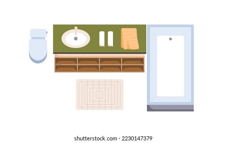 Bathroom interior design, top above view. Overhead washroom with furniture. Bath room, restroom plan with tub, washbasin, toilet latrine, mat. Flat vector illustration isolated on white background