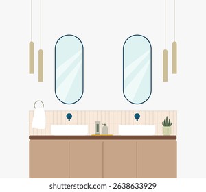 Bathroom interior design. Vector illustration in flat style. Bathroom with mirror and sink.