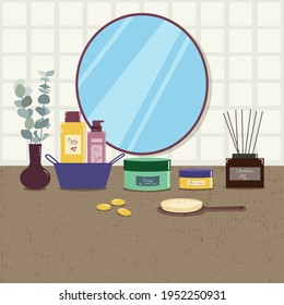 Die Innenausstattung des Badezimmers. Spiegel und Waschbecken. Flaches Cartoon-Style-Illustration.