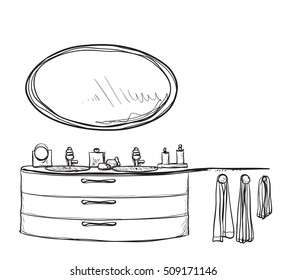 Bathroom interior elements. Mirror washbasin and towel