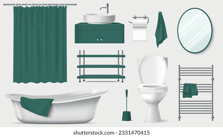 Bathroom interior elements realistic set of bath sink toilet bowl toilet paper mirror towel isolated vector illustration