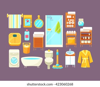 Bathroom Interior Elements Set Of Bright Color Simplified Style Vector Icons Isolated On Purple Background