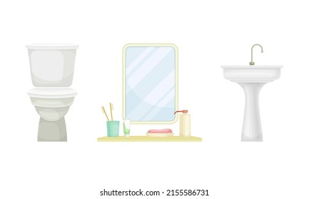 El cuarto de baño está decorado con elementos interiores. Ilustración vectorial de la caricatura del lavabo y el espejo