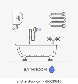 Bathroom interior. Elements for shower room. Vector illustration of outlined objects.